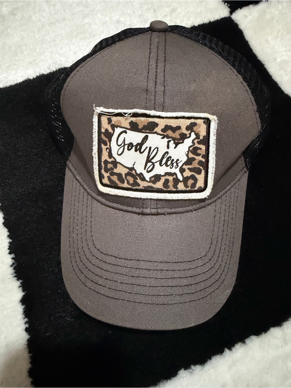 Cozy Casual God Bless Leopard Patch Trucker Hat - Brown & Black